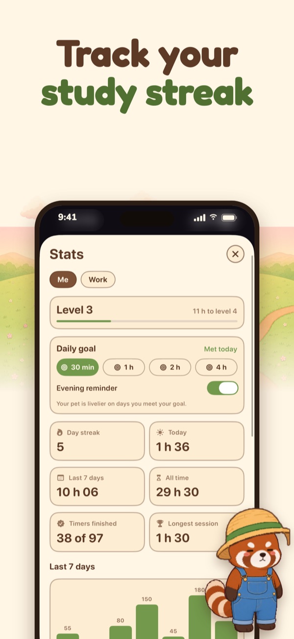 Track your study streak: level, daily goal and streak