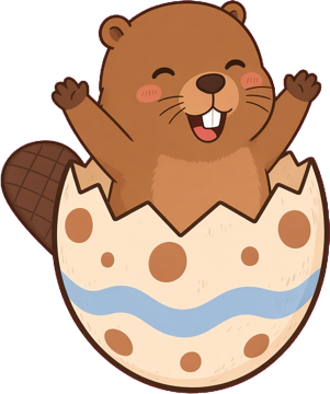 A beaver popping out of an egg, arms up