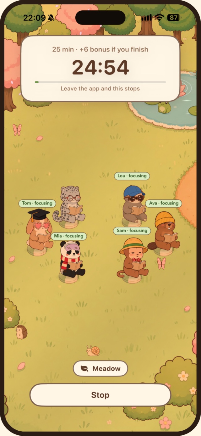 A timer running in the meadow with five friends' pets reading on cushions