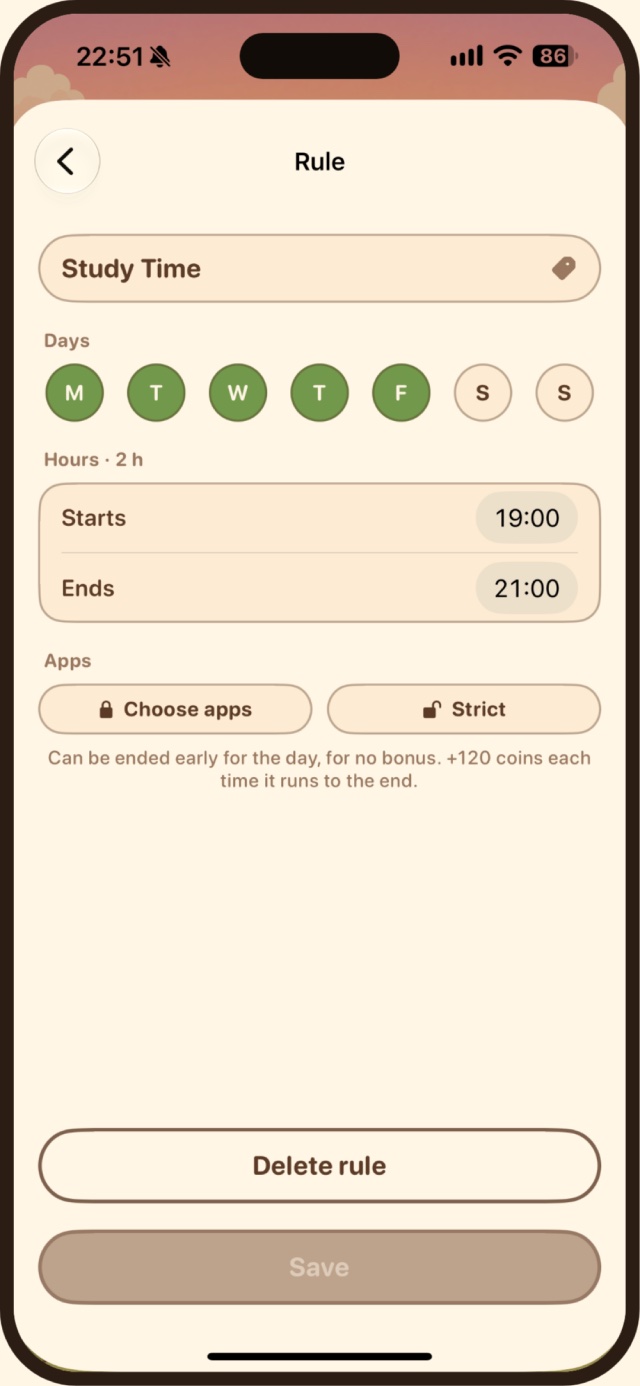 The Study Time rule: Monday to Friday selected, starts 19:00, ends 21:00, Choose apps and Strict chips