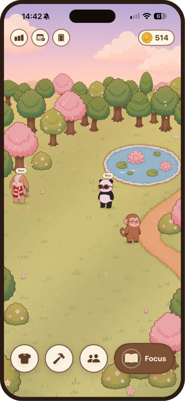 The meadow at dusk: Sam the rabbit, Noa the panda and your monkey by the pond, the Focus button below